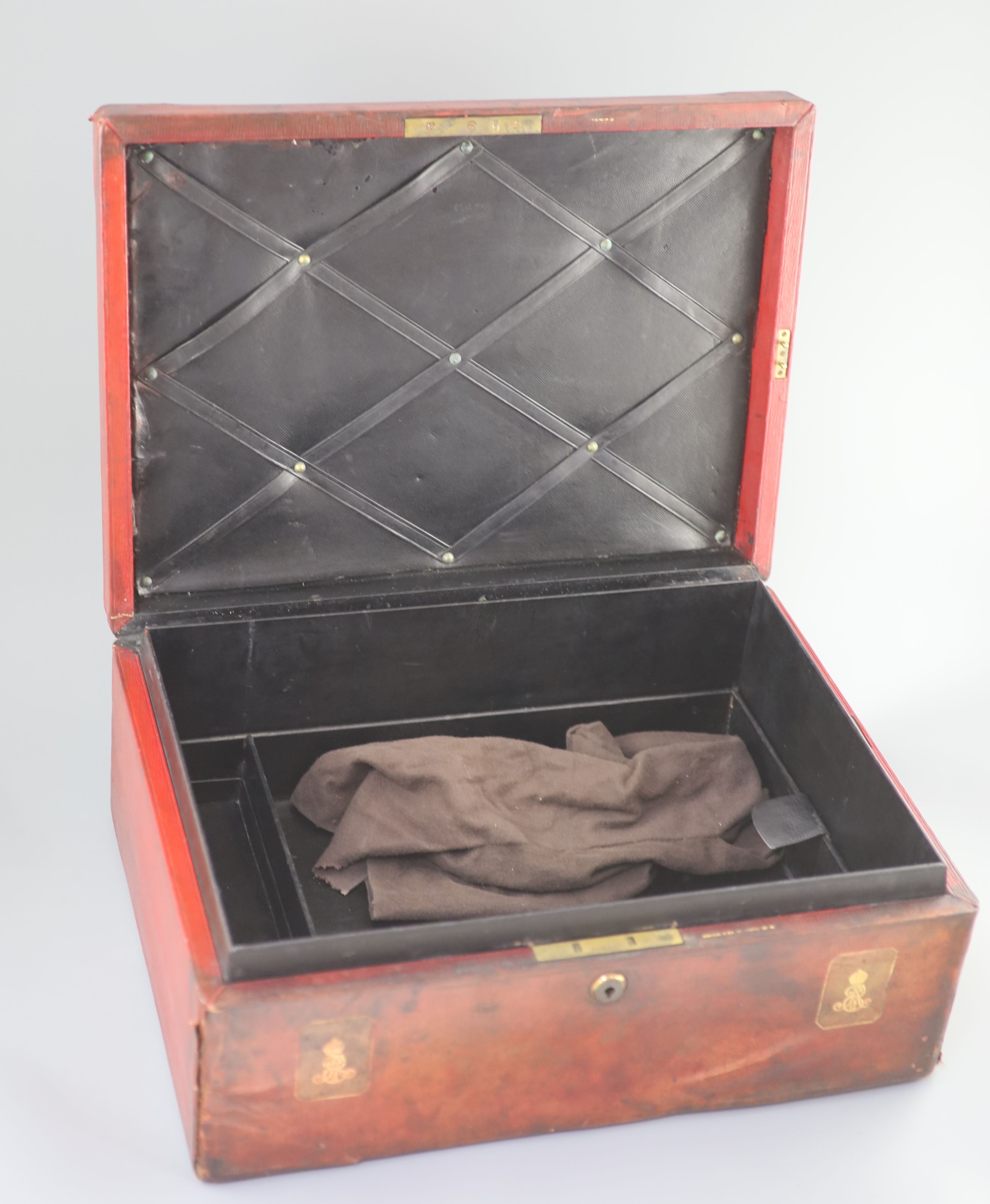 An Edwardian red morocco leather government dispatch box for Henry Hartley Fowler (1830-1911) 48 x 35cm, 20cm high.
